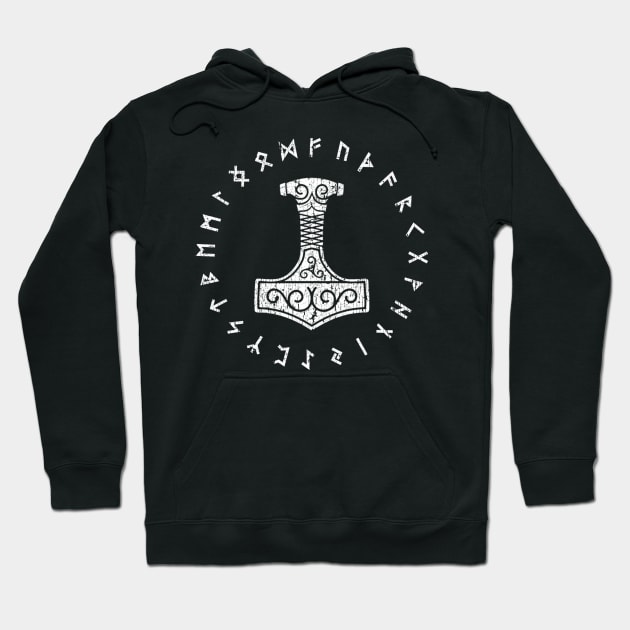 Norse Thors Hammer Mjolnir Elder Futhark Viking Runes White Hoodie by Blue Pagan